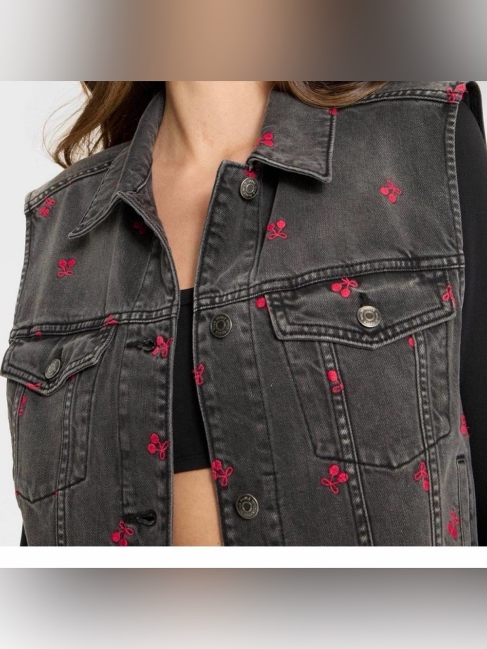 wild fable Black Washed Denim Jacket with Pink Embroidery